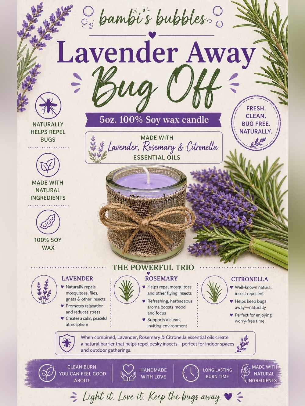 New! Lavender Away Hand Crafted Bug Off Soy Wax 5oz Candle